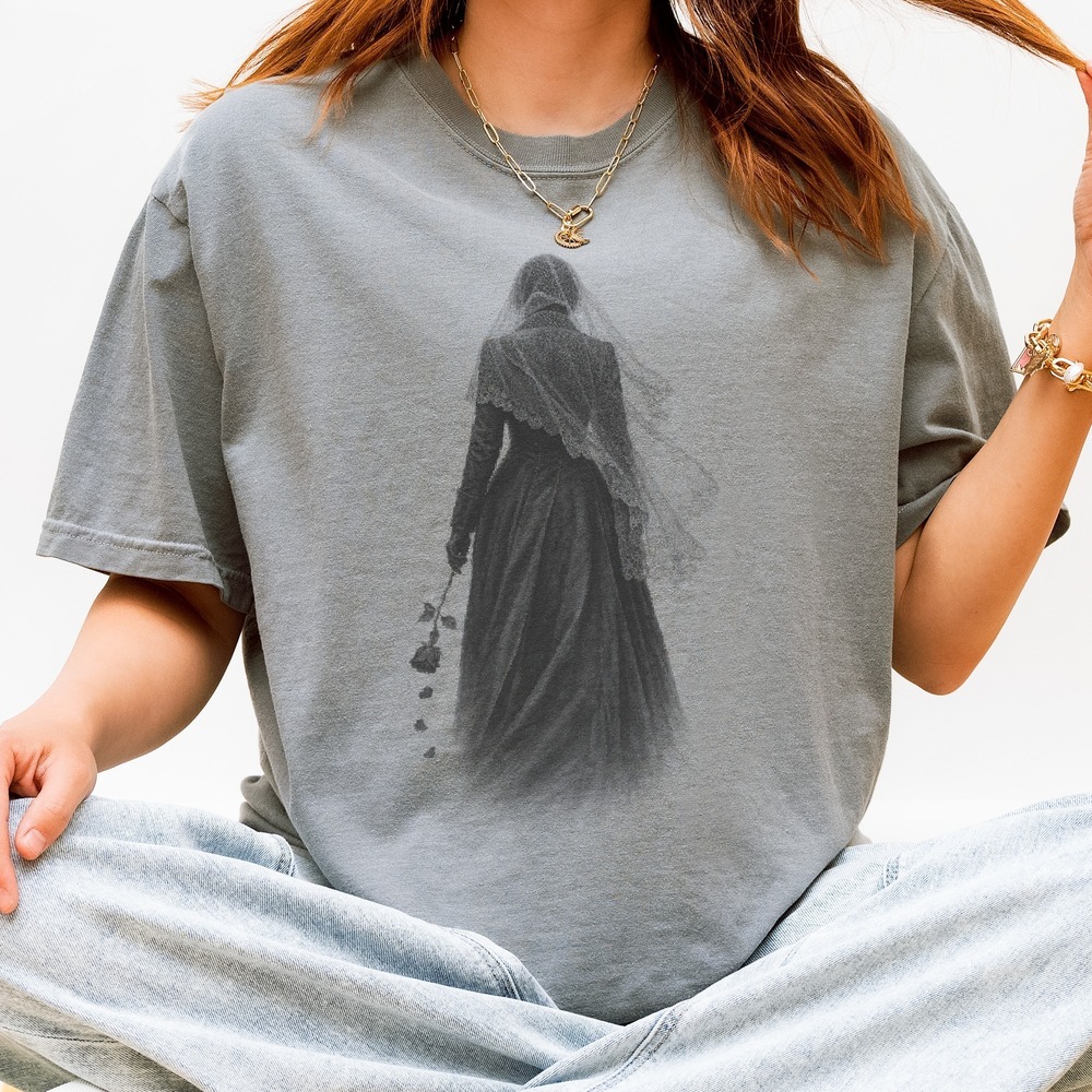 Veiled Figure Clutching a Wilting Rose Tee